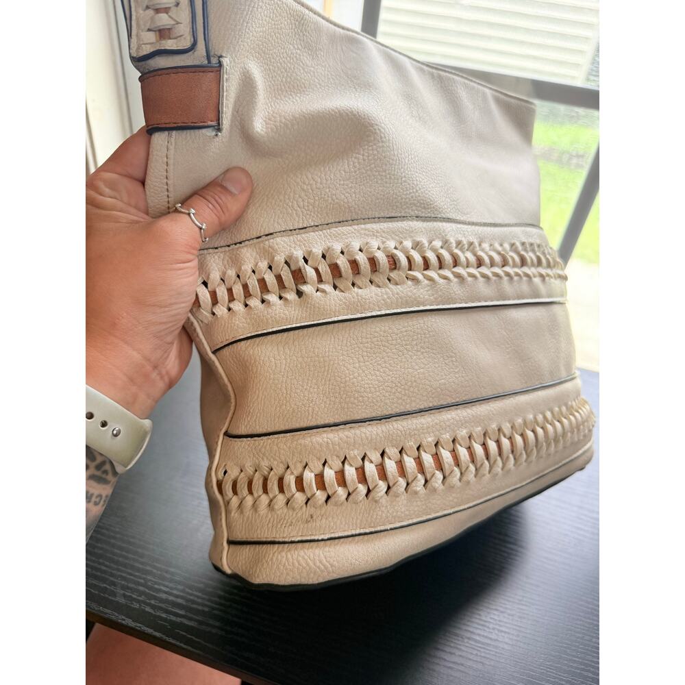 Gussaci Cream Faux Leather Woven Detail Hobo Shoulder Bag Boho Large Tote Zip - Picture 2 of 16
